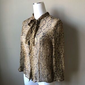 Vintage Brown Snakeskin Pattern Sheer Silk Blouse with Front tie S